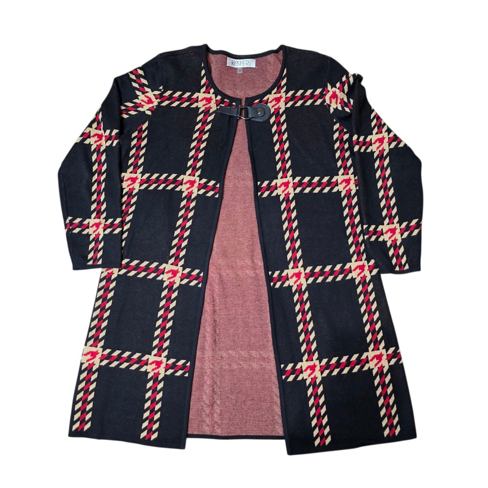 Kasper‎ Sweater Coat Womens Plaid Knit Duster Cardigan Open Front Topper Size L